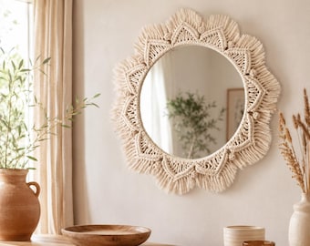 Miroir mural en macramé, décoration naturelle moderne, chambre bohème aux accents terreux, art mural tissé
