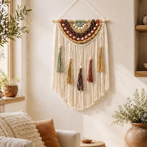 Décoration murale en macramé coloré, macramé moderne, tête de lit bohème, décoration naturelle et chaleureuse, art au-dessus du lit