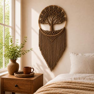 May include: A brown macrame wall hanging featuring a tree of life design within a circular wooden hoop, with intricate knotted branches and leaves above a long, V-shaped fringe. The piece is crafted from cord in a solid earthy brown tone.