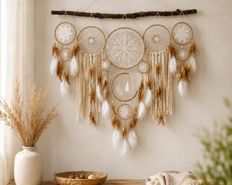 Makramee-Traumfänger, brauner Traumfänger, Mondfänger, Boho-Naturdeko, gewebte Wandkunst