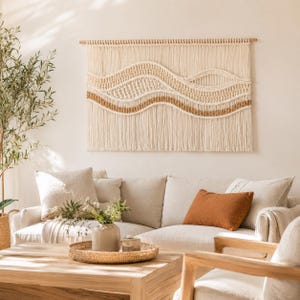 Grande tapisserie en macramé, tenture murale en macramé perlé, décoration naturelle et rustique, accessoires de décoration organiques