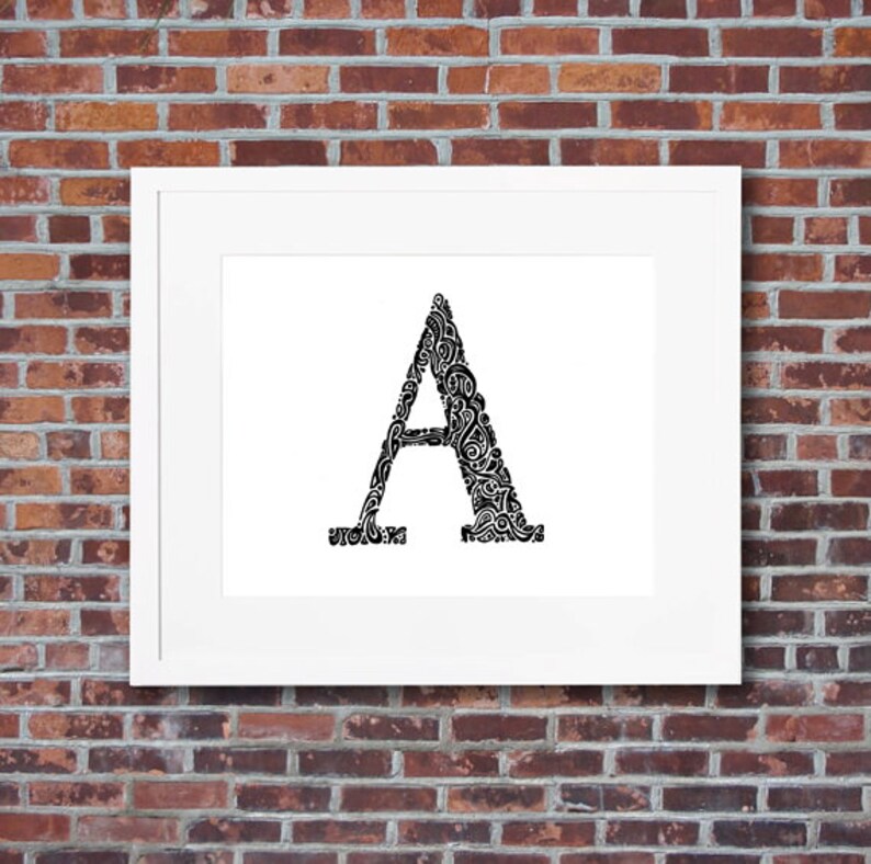 black white ink initial drawing Multiple sizesFREE SHIPPING* hand drawn monogram art Custom letter art nursery wall letter decor