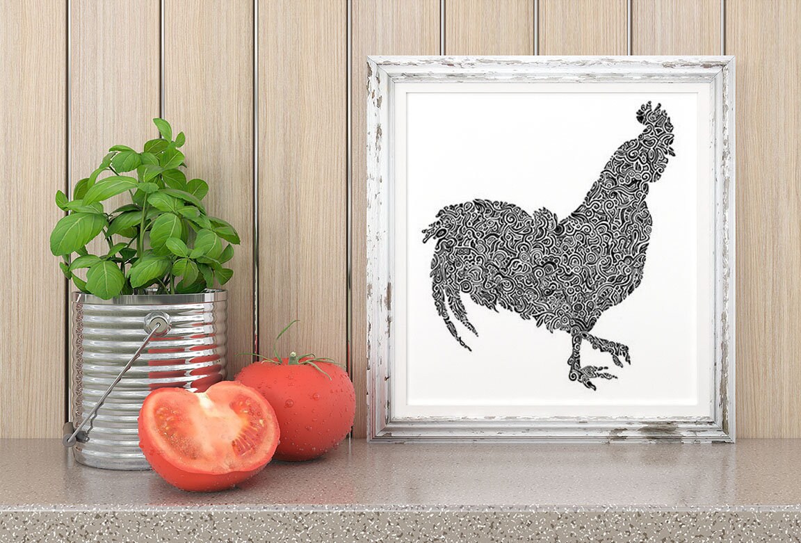 Black and white rooster art print Chicken kitchen decor | Etsy