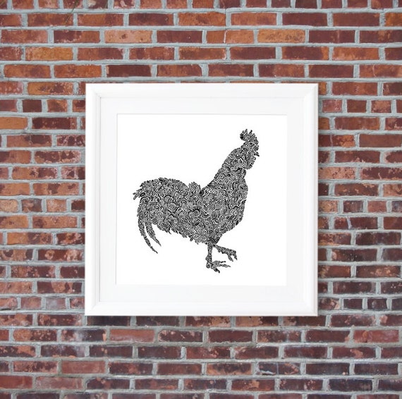 Black And White Rooster Art Print Kitchen Decor Ink Animal Etsy