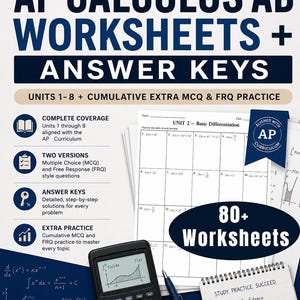 May include: AP Calculus AB worksheets and answer keys featuring units 1-8, cumulative MCQ and FRQ practice, and detailed step-by-step solutions. Includes a stack of math worksheets, a black graphing calculator, and a blue pen on a dark blue background.