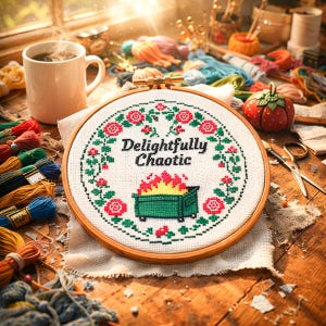 Puede incluir: Un bastidor de bordado redondo de madera que contiene tela blanca con un diseño de punto de cruz. El diseño presenta un contenedor verde en llamas, rodeado por una corona floral de rosas rojas y hojas verdes, con el texto Delightfully Chaotic.