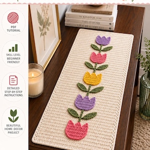Patrón en PDF para camino de mesa de tulipanes a crochet, decoración floral primaveral para el hogar.