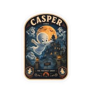 May include: A die-cut sticker featuring Casper the Friendly Ghost, with the text CASPER 1995 at the top and THE FRIENDLY GHOST at the bottom. The illustration depicts a haunted mansion, a large orange moon, bats, and three ghost characters.