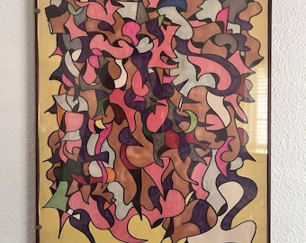 MCM signed abstract framed marker art 1970s