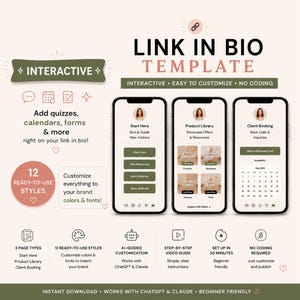 May include: An interactive link in bio template featuring three smartphone screens displaying a profile, product library, and booking calendar. The design includes text labels like 'Interactive', '12 Ready-to-Use Styles', and 'No Coding Required' on a light background.