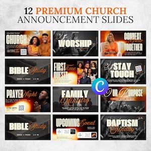 Może przedstawiać: Kolekcja 12 slajdów z ogłoszeniami kościelnymi premium z różnymi układami i tekstem, w tym Church, Worship, Connect Together, Bible Study, First Time Guests, Stay Touch, Prayer Night, Family Ministry, Our Purpose oraz Baptism Sunday.