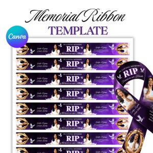 May include: A digital template for memorial ribbons featuring a deep purple background with white doves, gold ornate frames, and the text "IN LOVING MEMORY," "RIP," and "Forever in our Hearts." The design includes placeholders for a photo and name.