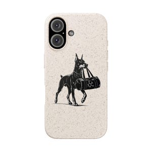 May include: A speckled off-white phone case featuring a black graphic illustration of a Doberman dog carrying a cylindrical gym bag in its mouth. The bag displays a white chemical structure icon on its side. The case has two camera lens cutouts.