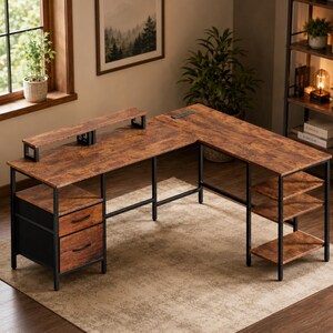 Op de afbeelding: Een L-vormig bureau met een rustieke bruine houtnerfafwerking en een zwart metalen frame. Het beschikt over een verhoogde monitorplank, twee lades aan de linkerkant en drie open opbergplanken aan de rechterkant, inclusief een ingebouwd stopcontact.