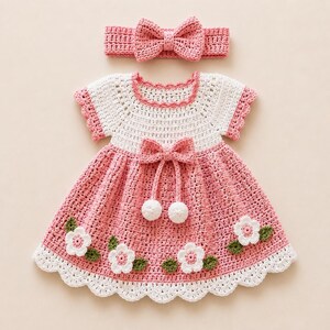 Può includere: Un set composto da vestito e fascia per capelli all'uncinetto. Il vestito presenta un corpetto bianco, una gonna rosa con applicazioni di fiori bianchi e foglie verdi, e un fiocco rosa con due pon pon bianchi. La fascia include un fiocco rosa.
