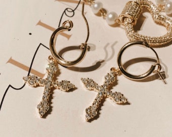 Gold Cross Earrings, gold hoops, wedding jewelry, shabby chic jewellry