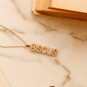 Paris Chic Necklace, Gold Bisous Necklace, Paved French Word, Parisian girl jewelry, Emily in Paris, Kisses bisou necklace, Gift for her