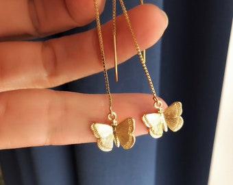 Gold Butterfly Threader Earrings, Girl Earrings, French Style, Parisian, threader earrings