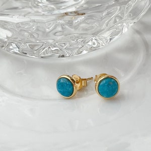 Natural turquoise studs earrings, Turquoise Minimalist Earring, Birthstone jewelry, Turquoise Solitaire Stud Earring, Gold Turquoise jewelry image 3