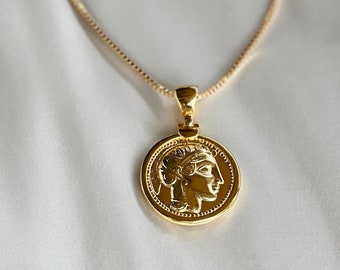 Greek Goddess Necklace, Athena Pendent Necklace, Greek Coin Necklace, Layer Necklace, Gold Coin Necklace, Gift for Mom, Gift for Friend