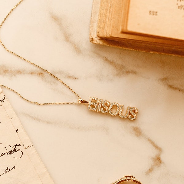 Word Necklace, Bisous Necklace, French Word, Parisian girl jewelry, Emily in Paris, Kisses, bisou necklace, word jewelry