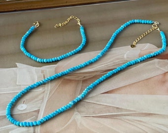 Turquoise Jewelry Set, Turquoise Beaded Necklace, Minimalist Turquoise Bracelet, Handstrung Turquoise Necklace