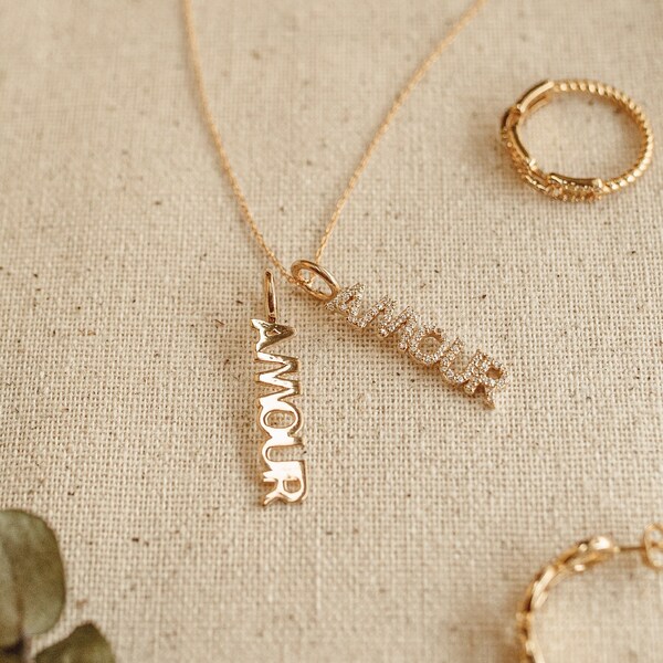 Amour Necklace, French Word, Love Paris, Name Plate, Amour Jewelry, name necklace, Vermeil Letter