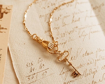Gold Hand & Key Necklace: Parisian French Style Lariat Gold Plated