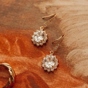 Gold Plated French Earrings: Cubic Zirconia Dangle, Marie Antoinette Style