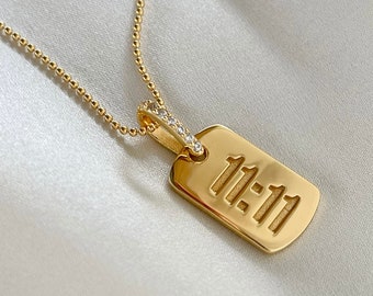 11:11 Charm Necklace, Gold Tag Necklace, number jewelry, Charm Necklace, 11 charm, gift for best friend, Gift for her, Dog Tag Necklace