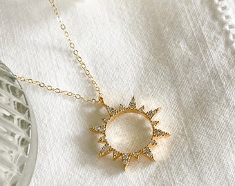 Gold Sun necklace, Paved Sun Necklace, Diamond Sun Necklace, Gold Sun Pendent, gift for her, Gold Plated Jewelry, Sunny Sunshine Necklace