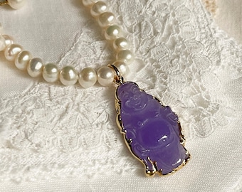 Collar de perlas de Buda de la suerte: cadena bañada en oro, Buda sonriente morado