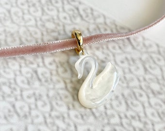 White Swan Choker, MOP Charm Necklace, Mother of Pearl, Rococo Style, Gift for her, French Wedding Style, Gold Velvet Choker, Sister Gift