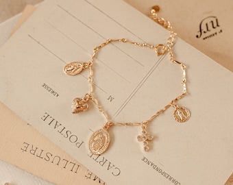 Madonna Charm Bracelet: Gold Plated Brass, French Rococo Jewelry