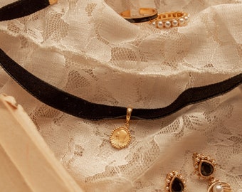 French Madonna Necklace, Black Velvet Choker, Gold Vermeil Pendant