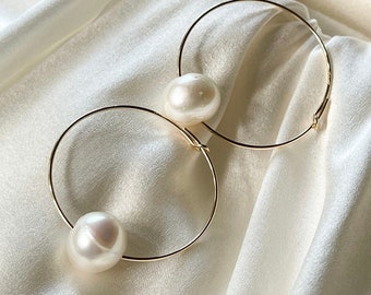 Pearl Hoop Earrings, Gold Filled Hoop, Wedding Jewelry, Sister Gift, Aunt Gift