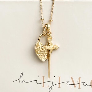 French Charm Necklace, Sword Pendant, Heart Lock Jewelry, French Word Necklace, Graduation Gift, Parisian Vintage Style, Gift for Girlfriend