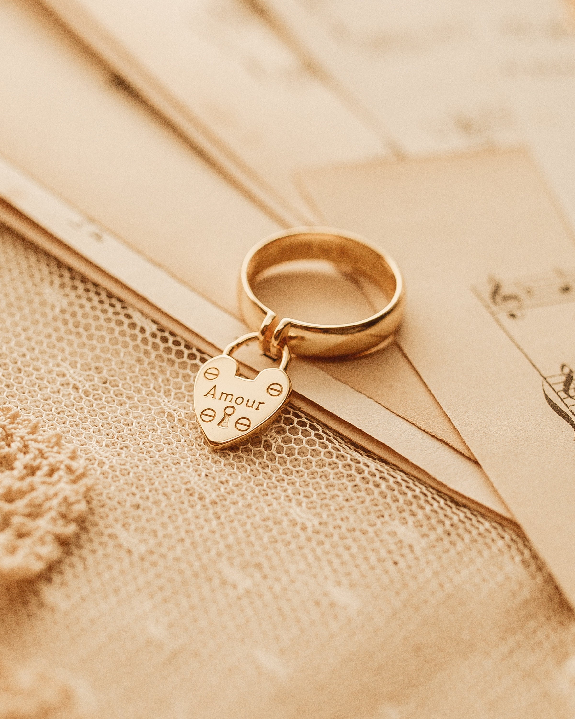 Amour Heart Padlock Ring: 18k Gold Plated Silver French Wedding