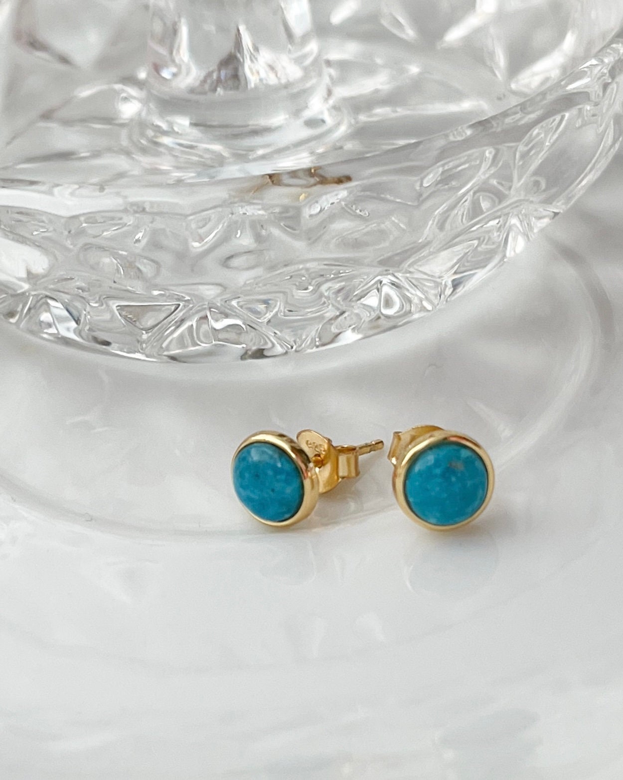 Sterling Silver Turquoise Stud Earrings - Cushion Cut 18K Gold Plated Women's Jewelry