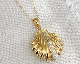Gold Shell Locket Necklace: Faux Pearl Aphrodite Jewelry