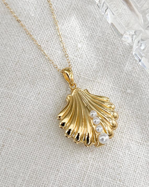 Gold Shell Locket Necklace: Faux Pearl Aphrodite Jewelry
