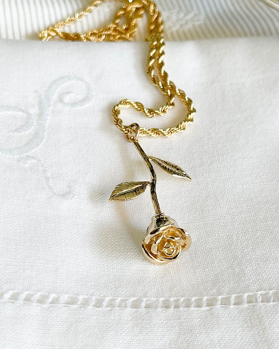 Gold Rose Necklace, Long Stemmed Floral Pendant, French Rococo Jewelry