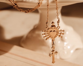 Collier de croix de sept épées, collier de poignard d'or, collier de coeur et de croix, colliers de superposition, colliers empilés, bijoux d'empilage