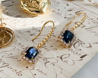 Sapphire Square Earrings,  French Blue Earrings, Sister gift, Aunt Gift, cottage core jewelry, dangle drop earrings, renaissance style