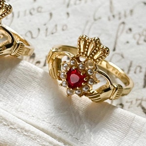 Gold Claddagh Ring, Irish Promise Ring, Hand Jewelry, Ruby Ring, Heart Ring, Pearl, I Love Paris, French Girl, rococo jewelry, gift for her image 1