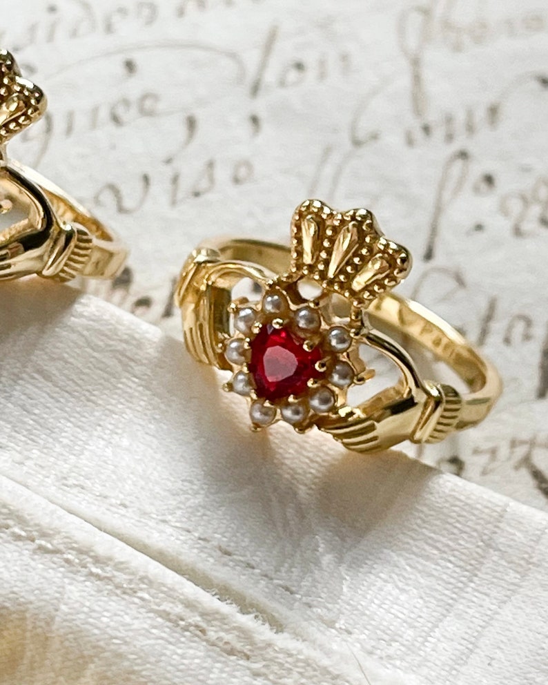 Gold Claddagh Ring, Irish Promise Ring, Hand Jewelry, Ruby Ring, Heart Ring, Pearl, I Love Paris, French Girl, rococo jewelry, gift for her image 1