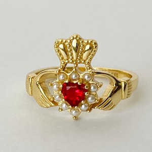Gold Claddagh Ring, Irish Promise Ring, Hand Jewelry, Ruby Ring, Heart Ring, Pearl, I Love Paris, French Girl, rococo jewelry, gift for her image 6