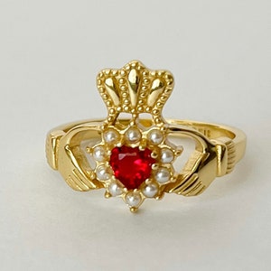 Gold Vermeil Claddagh Ring: Ruby CZ Heart, Faux Pearl Irish Promise Ring