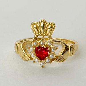 Gold Claddagh Ring, Irish Promise Ring, Hand Jewelry, Ruby Ring, Heart Ring, Pearl, I Love Paris, French Girl, rococo jewelry, gift for her image 6