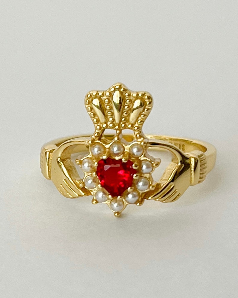 Gold Claddagh Ring, Irish Promise Ring, Hand Jewelry, Ruby Ring, Heart Ring, Pearl, I Love Paris, French Girl, rococo jewelry, gift for her image 6